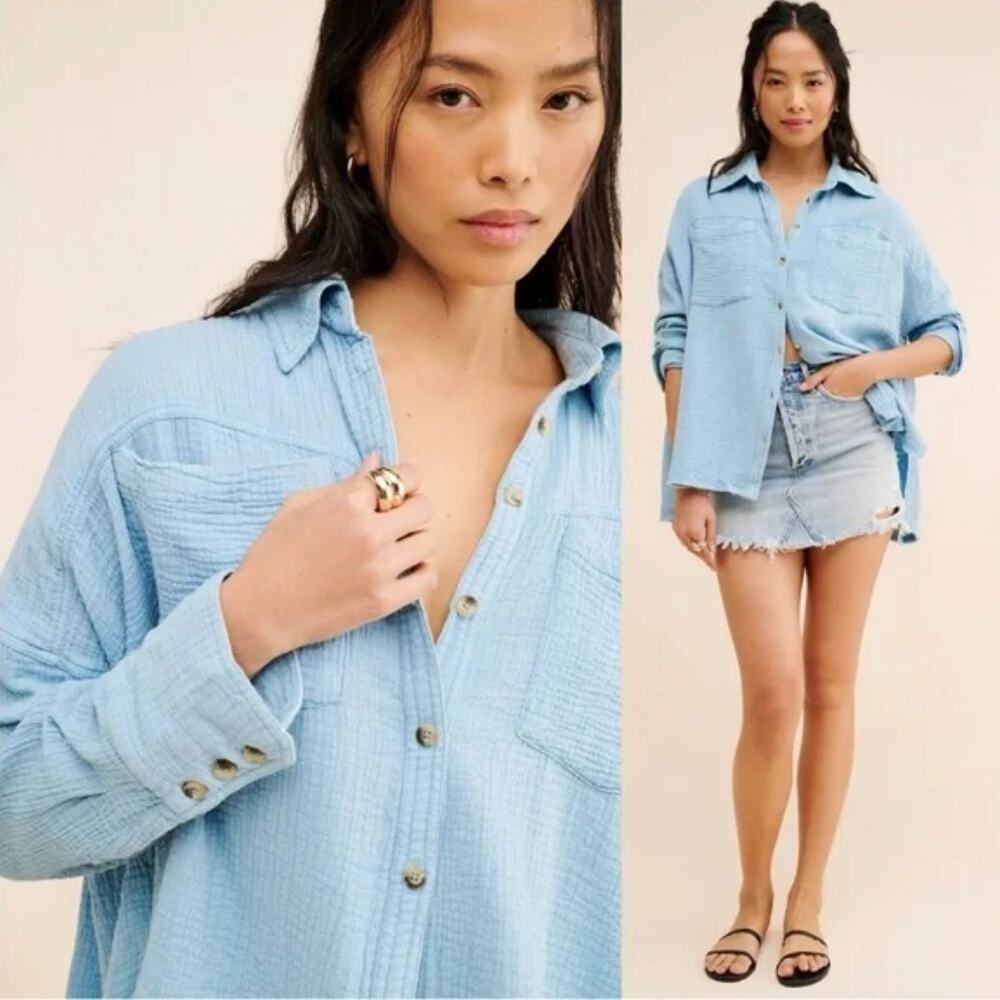 We the Free Cardiff Oversized Top Sky Blue Small Cotton Gauze Flowy Boho